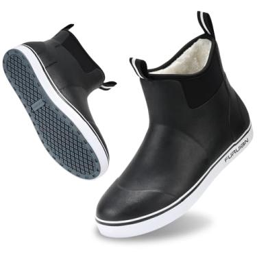 Imagem de Furuian Botas masculinas de borracha com forro felpudo, botas de pesca no tornozelo, botas de chuva masculinas antiderrapantes e quentes para inverno, botas de neve à prova d'água para pesca