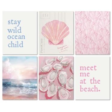 Imagem de MINI ZOZI Arte de parede para decoração de quarto costeiro de praia rosa, 20 x 25 cm, 6 peças, estampas, pôsteres estéticos, adolescentes, surfistas, meninas, neta, verão, quarto, concha, decoração