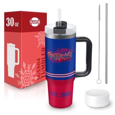 Imagem de Copo Buffalo de 850 g com alça e canudo, copo de carro, caneca de café, copo isolado 100% à prova de vazamento com tampa e canudo, feito de aço inoxidável, base compatível com porta-copos, presentes