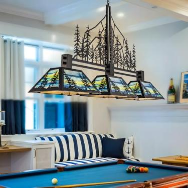 Imagem de Wellmet Luz de mesa de sinuca Tiffany, lustre preto rústico de ilha de cozinha, lustre de luz pendente de floresta de bilhar, para mesa de sinuca de 3 pés 4 pés e 1,5 m, sala de jogos