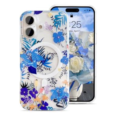 Imagem de UEEBAI Capa magnética para iPhone 16 Plus, capa de flores compatível com MagSafe, capa de telefone floral bonita com carregamento sem fio, antiamarelamento, flores luxuosas, capa transparente para