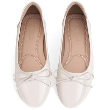 Imagem de Sapatilhas femininas confortáveis de couro, bico redondo, sapatilhas, sapatos de balé com laço sem cadarço para mulheres sem salto, Bege, 35