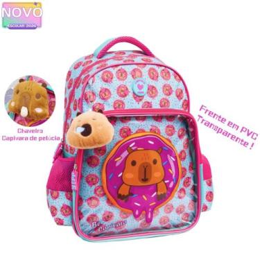Imagem de Mochila Infantil Costas Transparente Com Chaveiro Capivara De Pelúcia 