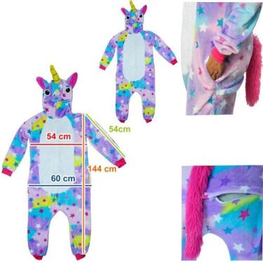 Imagem de Pijama adulto unicornio tamanho g com capuz + bolso e ziper e botao - 