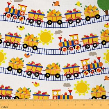 Imagem de jejeloiu Tecido de trem fofo da The Yard 2 jardas tecido de estofamento de carro de desenho animado para cadeiras para meninos meninas motor a vapor veículos ferroviários frutas frescas caminhão de