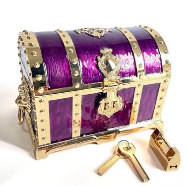 Imagem de KiteStar Grande baú de joias de metal retrô de camada dupla, estilo pirata, caixa de tesouro em relevo de cabeça de leão com cadeado para armazenamento de joias femininas (dourado roxo escuro