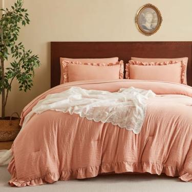 Imagem de MR&HM Conjunto de edredom king size, 7 peças, rosa coral, babados, boêmio, chique, fazenda, lençol de cima, lençol de cima, fronhas e fronhas