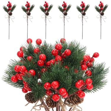 Imagem de Ledoira 12 Palhetas de pinheiro de Natal de 25,4 cm, ramos de agulha artificial com pinhas e bagas vermelhas, galhos falsos para arranjos de flores, grinaldas, artesanato, decoração de árvore de Natal