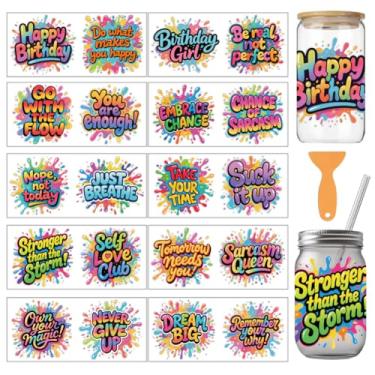 Imagem de arricraft 10 folhas de texto grafite colorido UV DTF Cup Wrap para vidro de 473.6 g, texto motivacional feliz aniversário esfregar em decalques adesivos de transferência de PVC para copos DIY madeira
