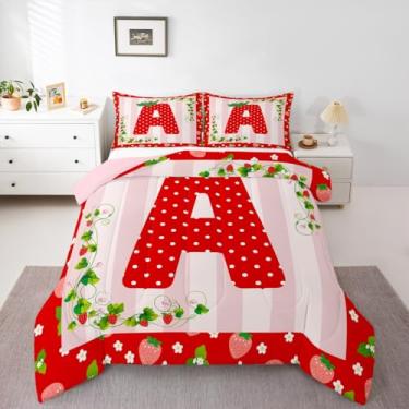 Imagem de Feelyou Conjunto de edredom de morango, inicial A, com 1 fronha, presente para mulheres, adolescentes, roupas de cama de microfibra para crianças, solteiro, letra A, decoração de quarto, edredom com