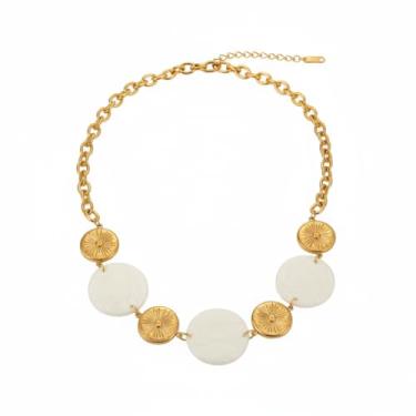 Imagem de Izpack Colar gargantilha de moeda redonda de acrílico para mulheres, aço inoxidável, boho, círculo, disco, ajustável, corrente de declaração, moda, banhado a ouro 18K, joia de aniversário, 40+6