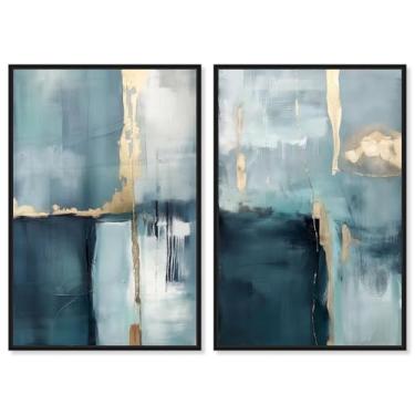 Imagem de Conjunto de 2 painéis de luxo azul dourado arte de parede azul por Art Remedy, moldura preta, 40 x 61 cm