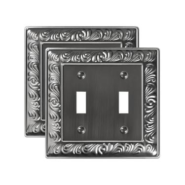 Imagem de TREEWELL Pacote com 2 placas de cobertura para interruptor de luz dupla, padrão paisley, placas decorativas de interruptor duplo, placas de parede de metal prata antiga para tomadas elétricas