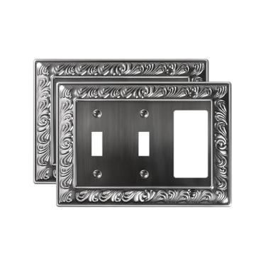 Imagem de TREEWELL Pacote com 2 placas decorativas para interruptores duplos/única decoradora, placas decorativas para interruptores e tampas de tomada, 4 placas de parede de metal prateado antigo, resistentes