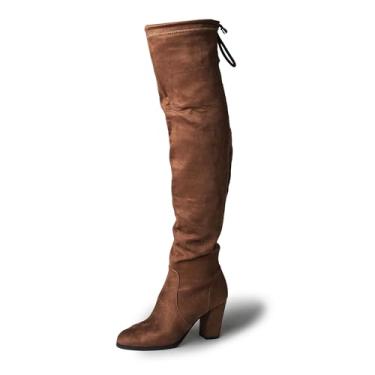 Imagem de J. Adams Botas femininas de cano alto acima do joelho Aspen – salto alto grosso elegante para outono e inverno, Camurça vegana cáqui, 34
