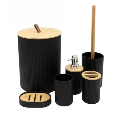 Imagem de Kit Banheiro 6 Acessórios Lavabo Detalhes Bambu Lixeira Fechada Saboneteira Porta Escova De Dente(QUADRADO-PRETO)