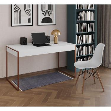 Imagem de Mesa De Escritório Industrial Malta Branca 137X53Cm Base Cobre Com 1 Cadeira Branca Mad Cor: Branco