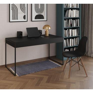 Imagem de Mesa De Escritório Industrial Malta Preta 137X53Cm Base Ferro Preto Com 1 Cadeira Preta Cor: Preto