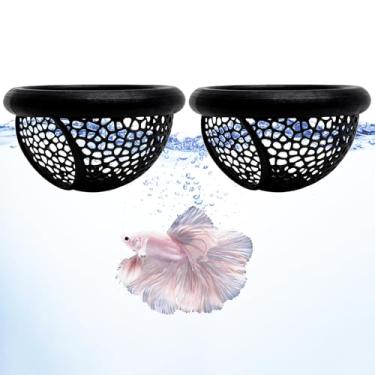 Imagem de Frstem 2 peças de rede flutuante Betta e caverna de camarão, acessórios impressos em 3D, decoração de aquário com anel de alimentação de peixes, esconderijo para Betta, camarão e aquário pequeno