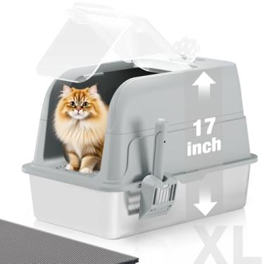 Imagem de Appker Caixa de areia para gatos de aço inoxidável totalmente fechada, caixa de areia extragrande para gatinhos com tampa flip transparente de 180° totalmente transparente, colher e tapete - cinza