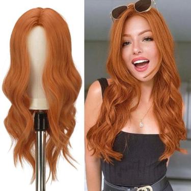 Imagem de Peruca FESHFEN Orange Long Wavy 55cm sintética para mulheres