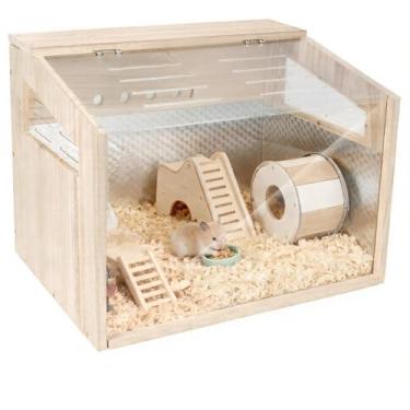 Imagem de Intoo Lifes Gaiola de hamster: gaiola de porquinho-da-índia gaiola transparente para animais pequenos com moldura de madeira de habitat de hamster com painel de acrílico 39,9 x 30,5 x 30,5 cm