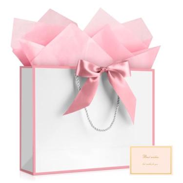 Imagem de YoungTree Saco de presente branco com papel de seda e 1 fita de cartão comemorativo, bolsa de presente de papel portátil com alças, sacolas de presente de aniversário, sacolas de presente para