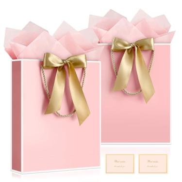 Imagem de YoungTree Saco de presente, 2 sacos de presente grandes com fita e 2 cartões comemorativos, 4 papéis de seda, bolsa de presente de papel portátil com alças, sacolas de presente de aniversário, sacolas