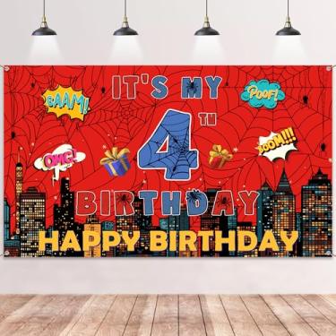 Imagem de Spider Web 4th Birthday Banner - Red Webs Large Happy Birthday Backdrop Decorations(71×43 Inch), Red Blue Photo Booth Photography Background Supplies for Kids Boys 4 Year Old