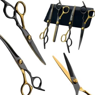 Imagem de Kit Tesoura Multifuncional Cabelo/pelos Para Cabeleireiro e Pet Shop Tosa Banho Spitz (Dourado com Preto)