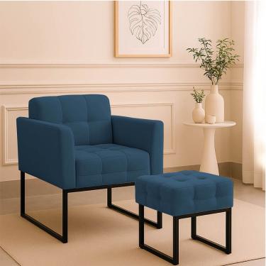 Imagem de Poltrona Sala E Puff Decorativo Industrial Elisa Suede D03 - D'rossi Azul Marinho