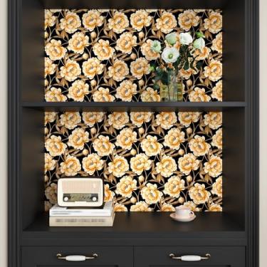 Imagem de Yullpaper Papel de parede floral preto e dourado, papel de parede de escada, papel de parede removível temporário para locatário de apartamento, papel de parede floral, vinil para móveis e quarto, 48
