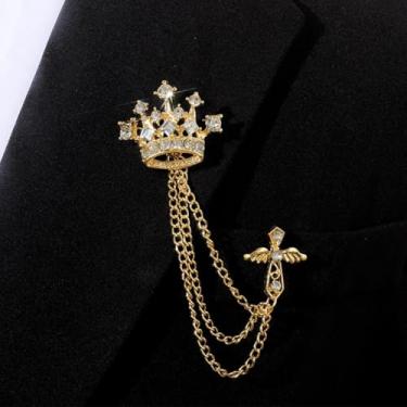 Imagem de Broche de coroa de prata, alfinete de lapela, alfinete de cristal, zircônia cúbica, broche de corrente pendurada para homens, acessórios de terno para uso diário, 1 count (pack of 1), Liga de aço