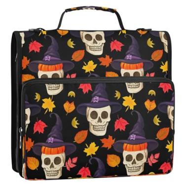 Imagem de CEBUGI Fichário de 3 anéis com zíper com alça de ombro, pasta de arquivo expansível de 3,8 cm, anéis D, para escola, escritório, caveiras, abóboras