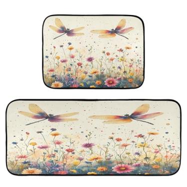 Imagem de STAYTOP Tapetes de cozinha libélulas e flores silvestres, 2 peças, tapete de entrada frontal, antiderrapante, alivia a fadiga, lavável, tapete para cozinha, quarto, varanda