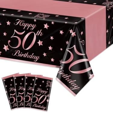 Imagem de QUERICKY Pacote com 4 toalhas de mesa descartáveis de plástico para aniversário de 50 anos, rosa e dourado, capa de mesa retangular para homens e mulheres, 50 decorações de festa de aniversário, 139 x