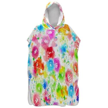 Imagem de Joisal Roupão absorvente para troca de poncho de surfe para adultos com capuz toalha de praia estampa aquarela vermelho rosa floral masculino feminino poncho com capuz