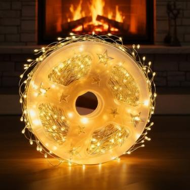 Imagem de 200 luzes de fadas LED para guirlanda de Natal de ano novo, luzes cintilantes, pilhas AA, fogos de artifício, aglomerado de 6 metros, cordão de luz para decoração de quarto, festa, árvore, quente, sem