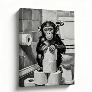 Imagem de Arte engraçada de parede de banheiro, macaco com tela de papel higiênico, estampa animal preto e branco, humor de banheiro para lavabo, decoração de banheiro de hóspedes de fazenda, 20 x 25 cm
