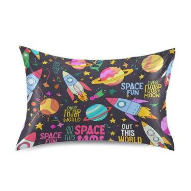 Imagem de Fronhas refrescantes engraçadas animais fofos padrão king queen capas de travesseiro cama de cetim capa de travesseiro tamanho queen 76.2 cm x 50.8 cm desenho colorido foguetes planeta