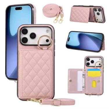 Imagem de Capa de celular tipo carteira em couro PU com zíper, compartimento para cartões e argola para iPhone 17 Air 16 Pro Max 15 Plus 14 13 12 11 X XS XR, rosa.