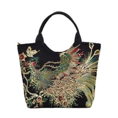 Imagem de Bolsa para Mulher de Ombro com Bordado Pavão e Lantejoulas Brilhantes Fecho Zipper Tote Lona Mão Estilo Vintage Versátil Vários Ocasiões