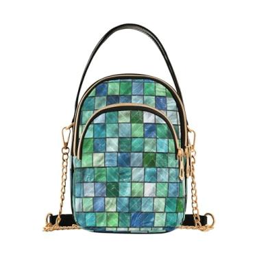 Imagem de TSENQUE Bandeira Americana EUA Bolsa feminina sobre o ombro estampada alça corrente bolsa de telefone Lady Bowler Satchel, Mosaico Verde Turquesa Verde Azul, 5.91x3.15x8.27inches
