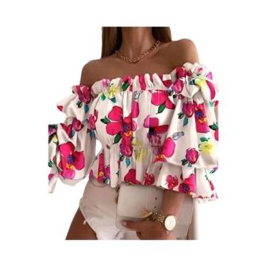 Imagem de Blusa Feminina De Primavera Verão Com Estampa E Ombros Descidos, Manga