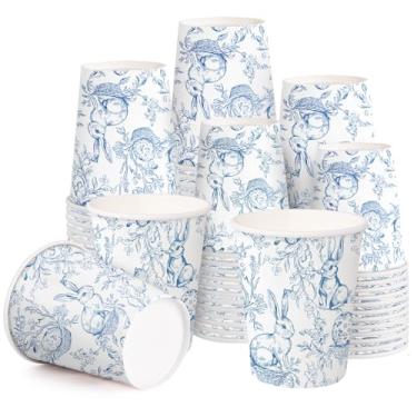 Imagem de WRAPAHOLIC Copos de papel de Páscoa de 255 g - Pacote com 50 copos descartáveis Blue Sketch Bunny, xícara de café, copos de bebida quente/fria para suco de água, perfeito para chá de bebê e