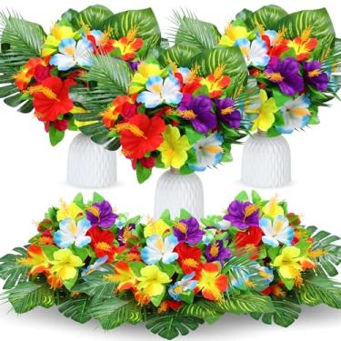 Imagem de Hotop 12 peças de centro de mesa de flores havaianas para mesas, folhas de palmeira artificiais, flores de hibisco, decoração de festa tropical, suprimentos para decoração de festa e aniversário de
