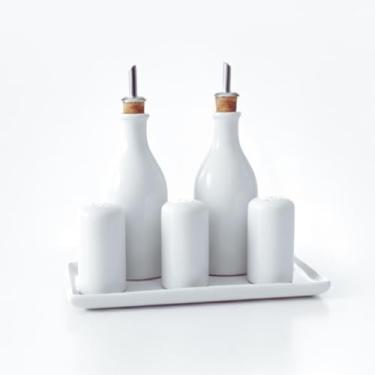 Imagem de Galheteiro Gourmet 6 Peças em Cerâmica Elegância e Organização para sua Mesa Posta,Bandeja e Bico Dosador – Porta Azeite, Vinagre, Sal,Pimenta e paliteiro (BRANCO)