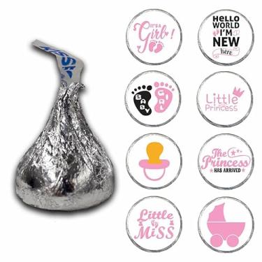 Imagem de JP's Parcels Adesivos de lembrancinha de chá de bebê para Hershey Kisses, 136 mini adesivos redondos de vinil, 8 desenhos rosa para meninas, 0,75 polegada