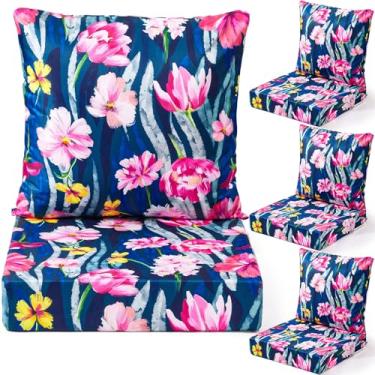 Imagem de Hoteam Conjunto de 4 almofadas de assento profundo à prova d'água para cadeira ao ar livre, 50 x 50 cm para conjunto de móveis de pátio, assento removível e encosto (flor retrô)