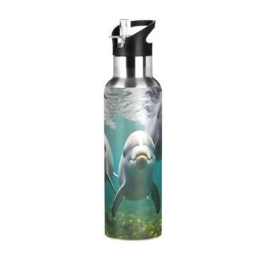Imagem de Wassud Garrafa de água adorável golfinhos garrafa de água esportiva de aço inoxidável com canudo garrafas de água isoladas copo portátil de viagem 947 ml